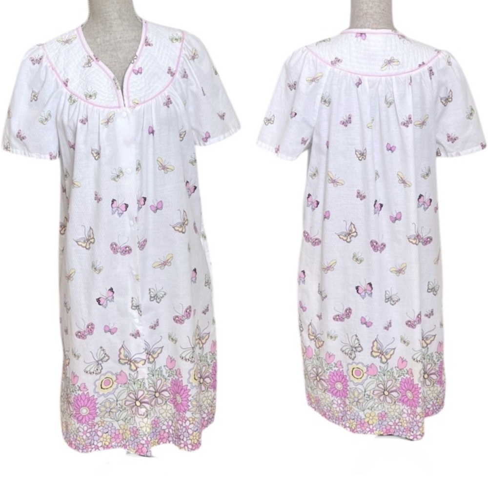 Butterfly Housecoat Snap Front Nightgown Pajama Lounge Dress White Pink Small - Picture 12 of 12